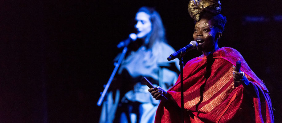 Ghanaian afrobeat and jazz singer-songwriter Jojo Abot performs with her band with backup vocalist Abbie Richards (left rear) at the fourth annual 'Africa Now!' presented by the Apollo Theater and World Music Institute at the Apollo Theater, New York, New York, Saturday, March 26, 2016. CREDIT: Photograph © 2016 Jack Vartoogian/FrontRowPhotos. ALL RIGHTS RESERVED.